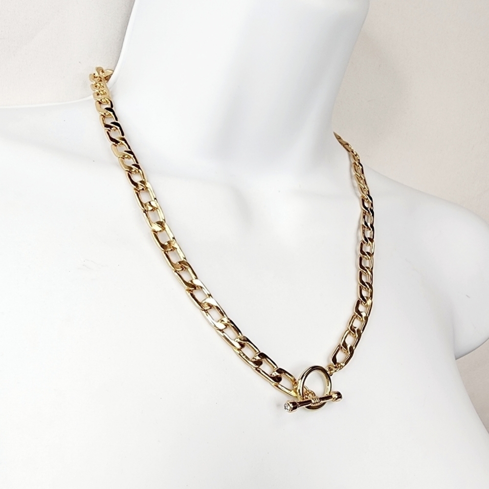 Make a Wish 10" Gold Flat Curb Chain Necklace w/ Jeweled Toggle Lobster Clasp - Picture 2 of 4